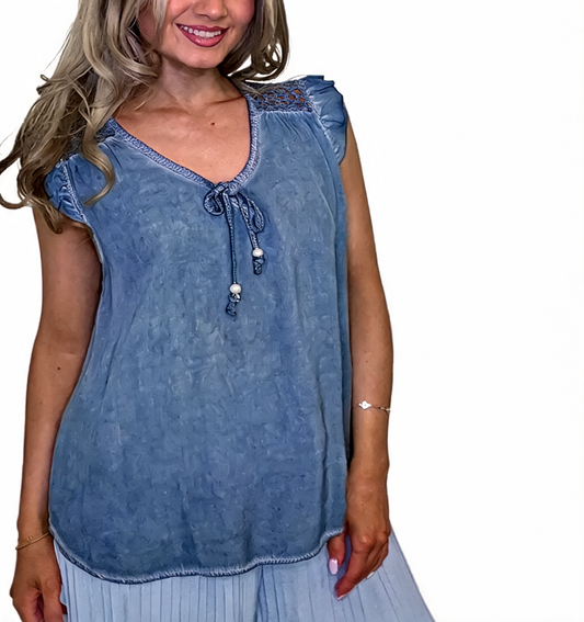 Mineral Wash Tie-Front Crochet Yoke Sleeveless Blouse - Denim