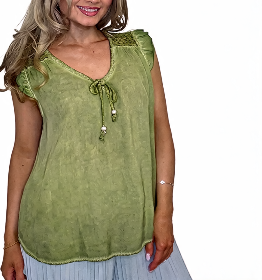 Olive green sleeveless blouse with crochet yoke, V-neck tie-front and beaded tassel