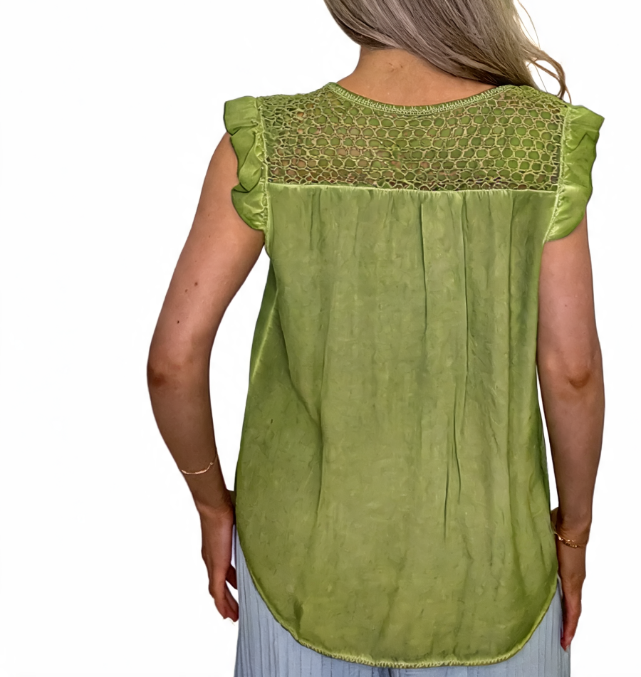 Mineral Wash Tie-Front Crochet Yoke Sleeveless Blouse - Khaki