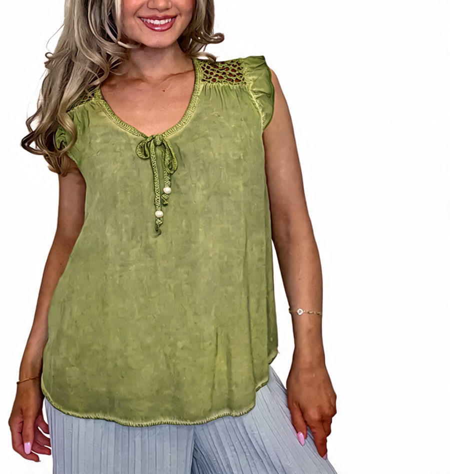 Mineral-wash tie-front sleeveless blouse in olive green with crochet yoke and bead tie