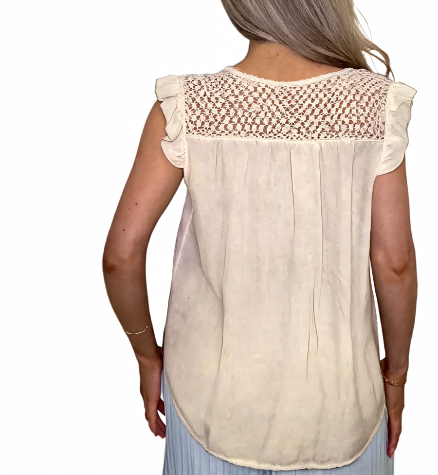 Mineral Wash Tie-Front Crochet Yoke Sleeveless Blouse - Beige