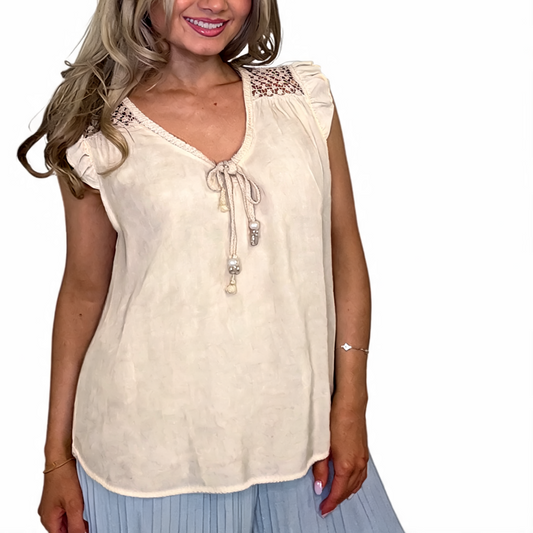 Mineral Wash Tie-Front Crochet Yoke Sleeveless Blouse - Beige