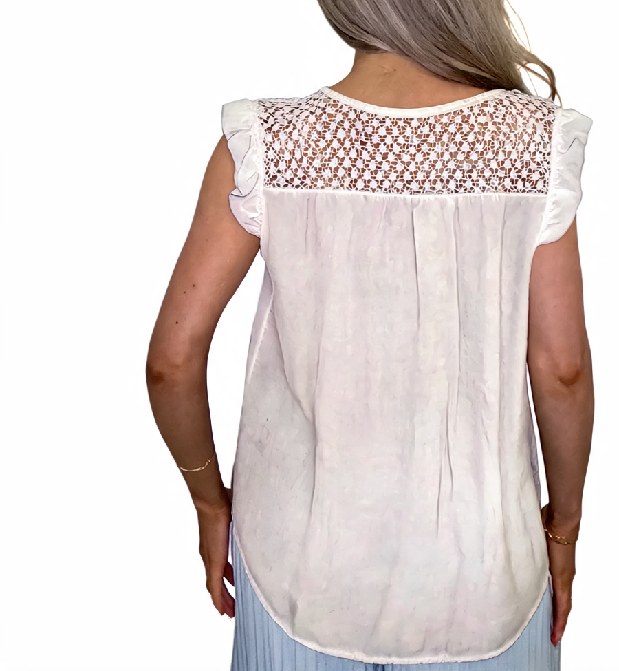 Mineral Wash Tie-Front Crochet Yoke Sleeveless Blouse - White