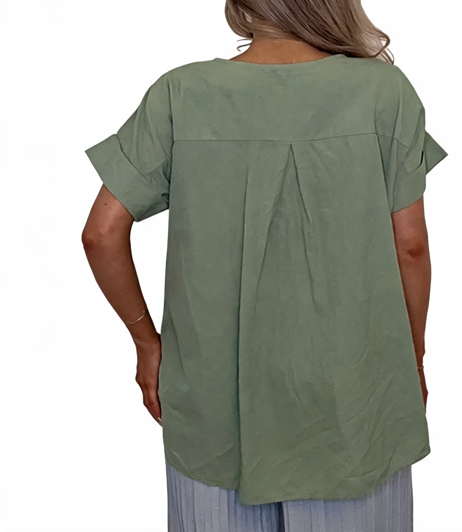Eyelet Embroidered Tunic Relaxed Fit Short Sleeve Top - Khaki
