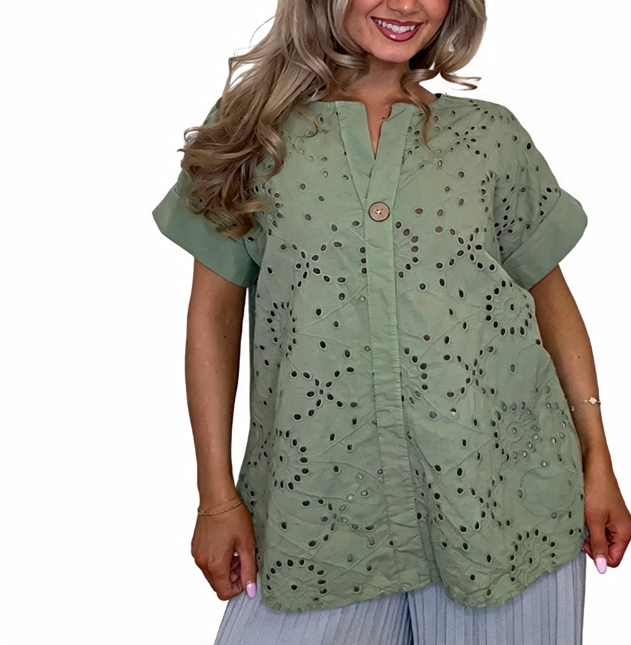 Eyelet embroidered tunic top in sage green with short sleeves and button front, relaxed fit