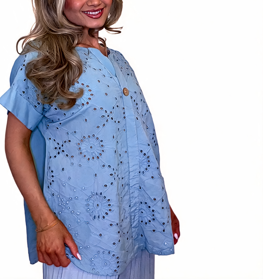Eyelet Embroidered Tunic Relaxed Fit Short Sleeve Top - Sky Blue