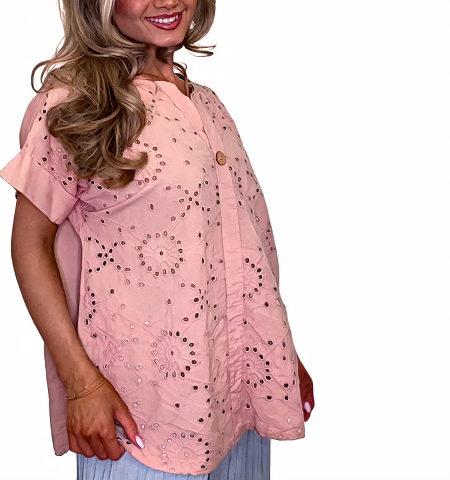 Eyelet Embroidered Tunic Relaxed Fit Short Sleeve Top - Pink