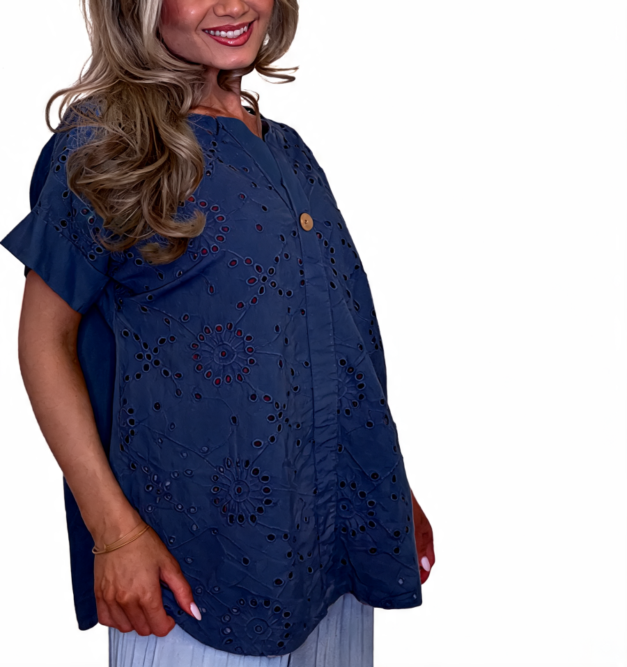 Eyelet Embroidered Tunic Relaxed Fit Short Sleeve Top - Navy