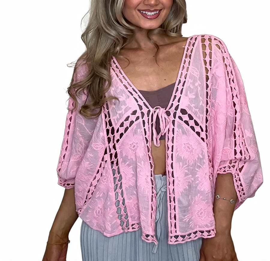 Pink crochet lace tie-front cropped kimono sleeve cardigan