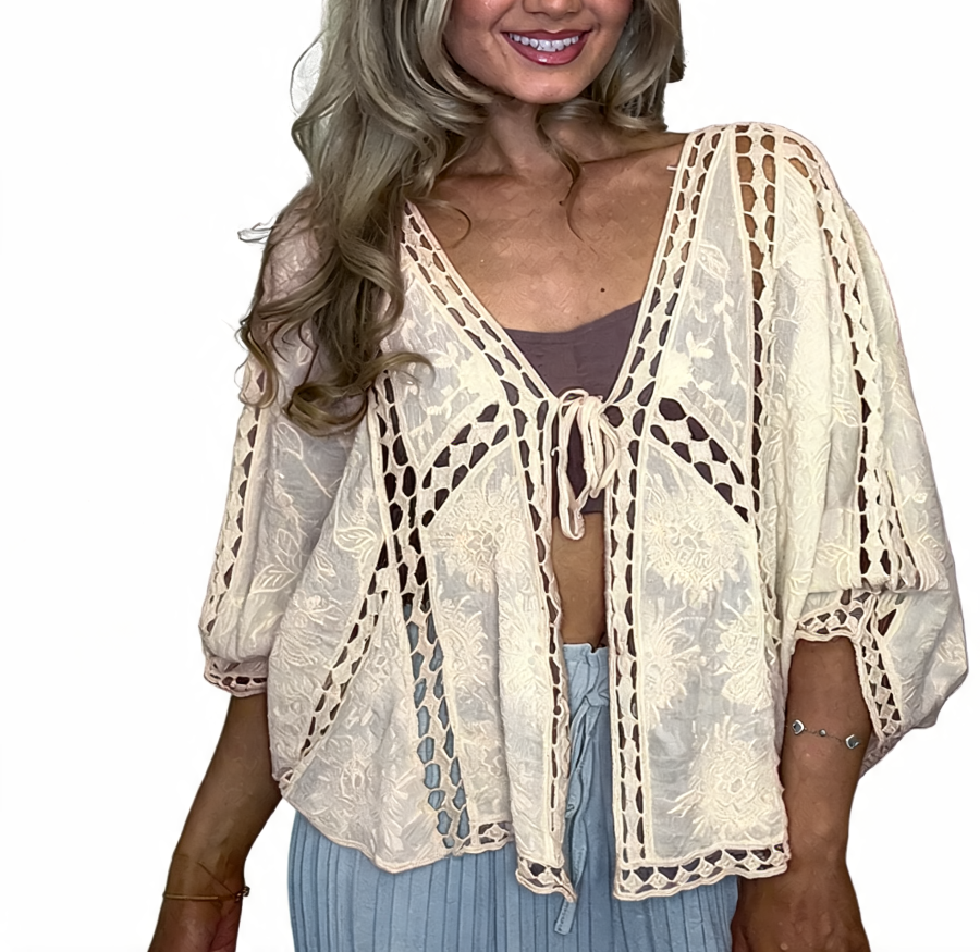 Beige crochet lace tie-front cropped kimono sleeve cardigan