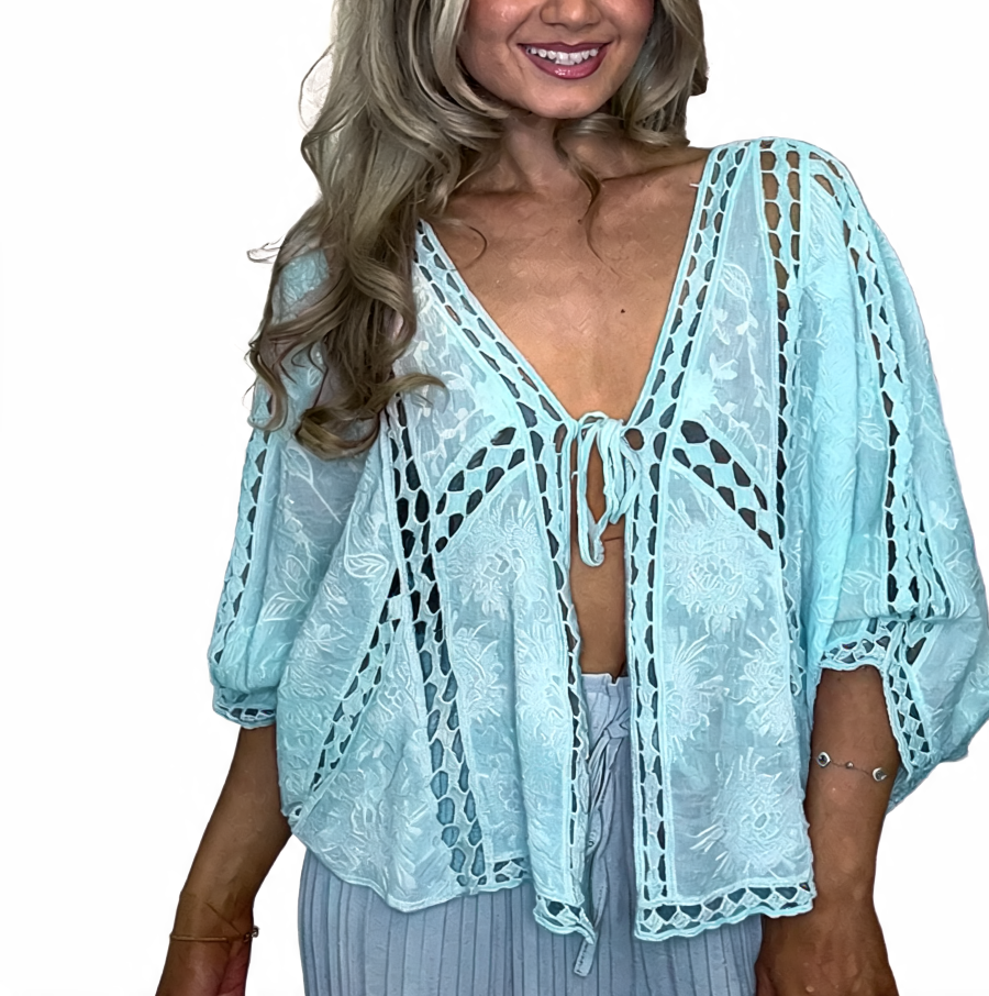 Aqua crochet lace tie-front cropped kimono sleeve cardigan