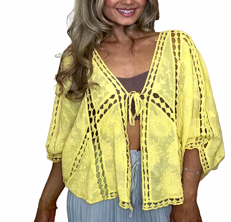 Yellow crochet lace tie-front cropped kimono sleeve cardigan