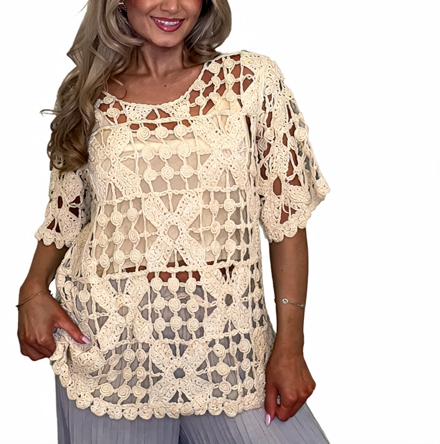 Crochet lace boho blouse in cream, open-knit lace with scalloped neckline