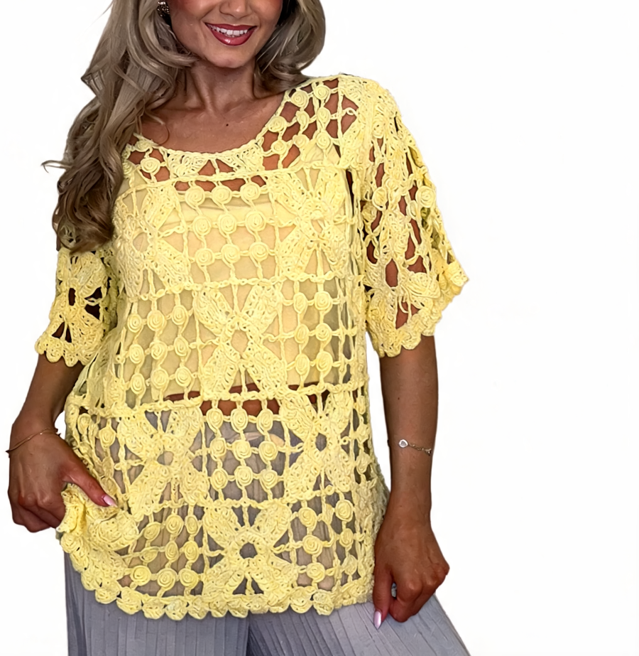 Crochet lace boho blouse in bright yellow, open-knit lattice with scalloped hem