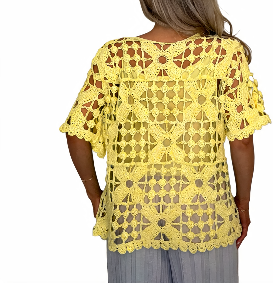 Crochet lace boho blouse in yellow, open-knit lace with scalloped sleeves