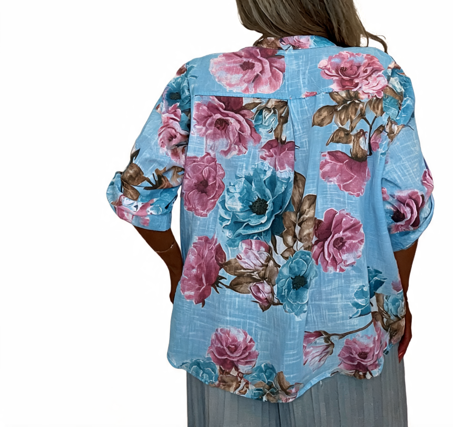 Boho Floral Print Tunic Relaxed Fit Roll-Sleeve Top - Sky Blue