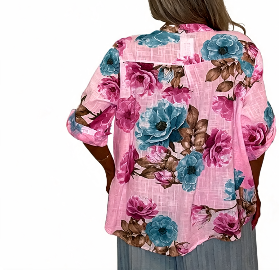 Boho Floral Print Tunic Relaxed Fit Roll-Sleeve Top - Pink