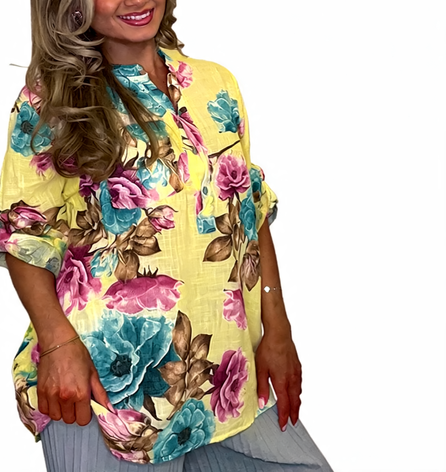 Boho Floral Print Tunic Relaxed Fit Roll-Sleeve Top - Lemon