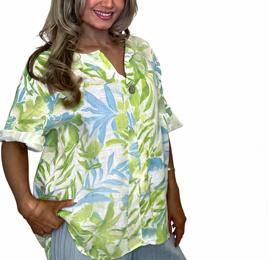 Tropical Leaf Print Tunic Relaxed Fit Roll-Sleeve Top - White / Lime
