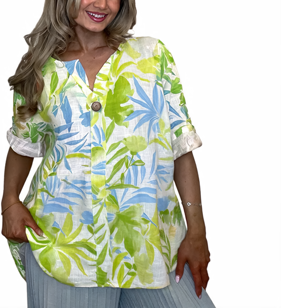 Tropical Leaf Print Tunic Relaxed Fit Roll-Sleeve Top - White / Lime