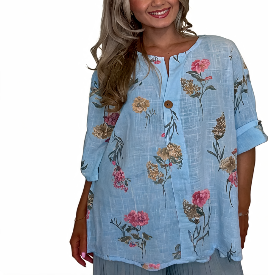 Floral Print Linen-Look Tunic V-Neck Button Front Roll-Sleeve Blouse - Sky Blue