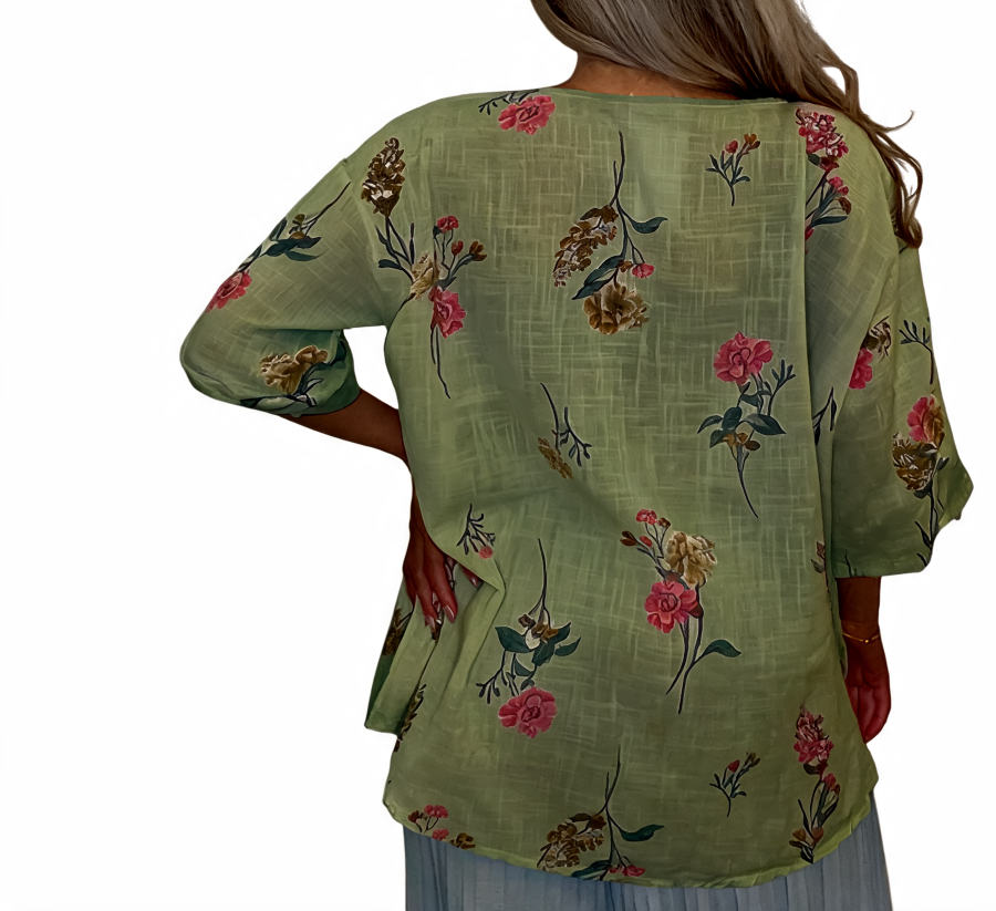 Floral Print Linen-Look Tunic V-Neck Button Front Roll-Sleeve Blouse - Khaki