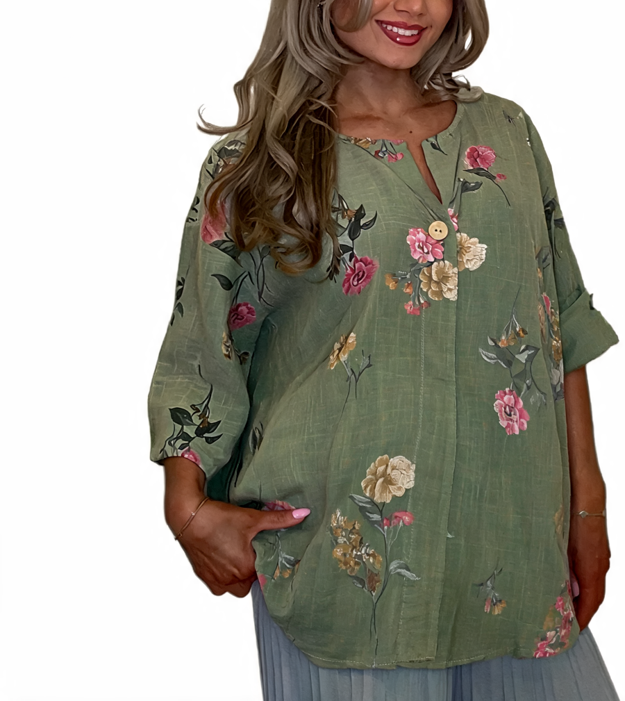 Floral Print Linen-Look Tunic V-Neck Button Front Roll-Sleeve Blouse - Khaki
