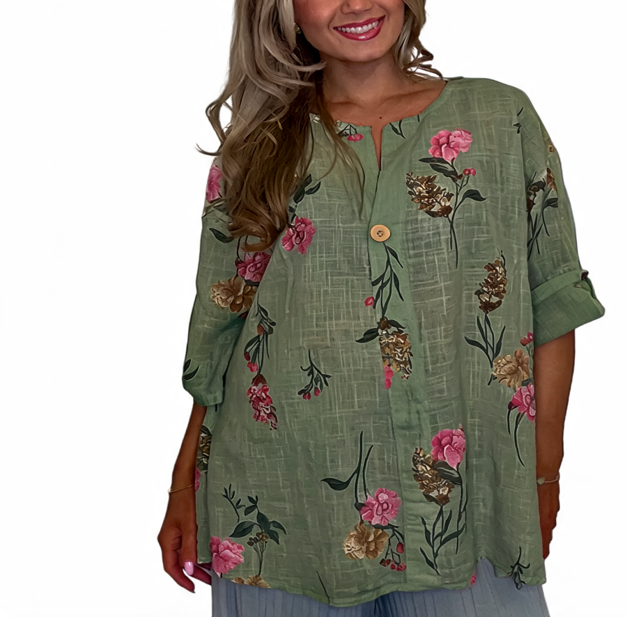 Floral Print Linen-Look Tunic V-Neck Button Front Roll-Sleeve Blouse - Khaki