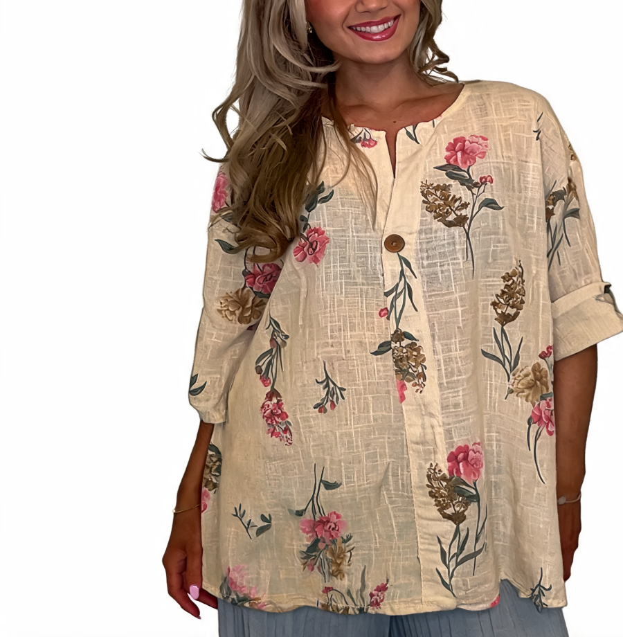 Floral Print Linen-Look Tunic V-Neck Button Front Roll-Sleeve Blouse - Beige
