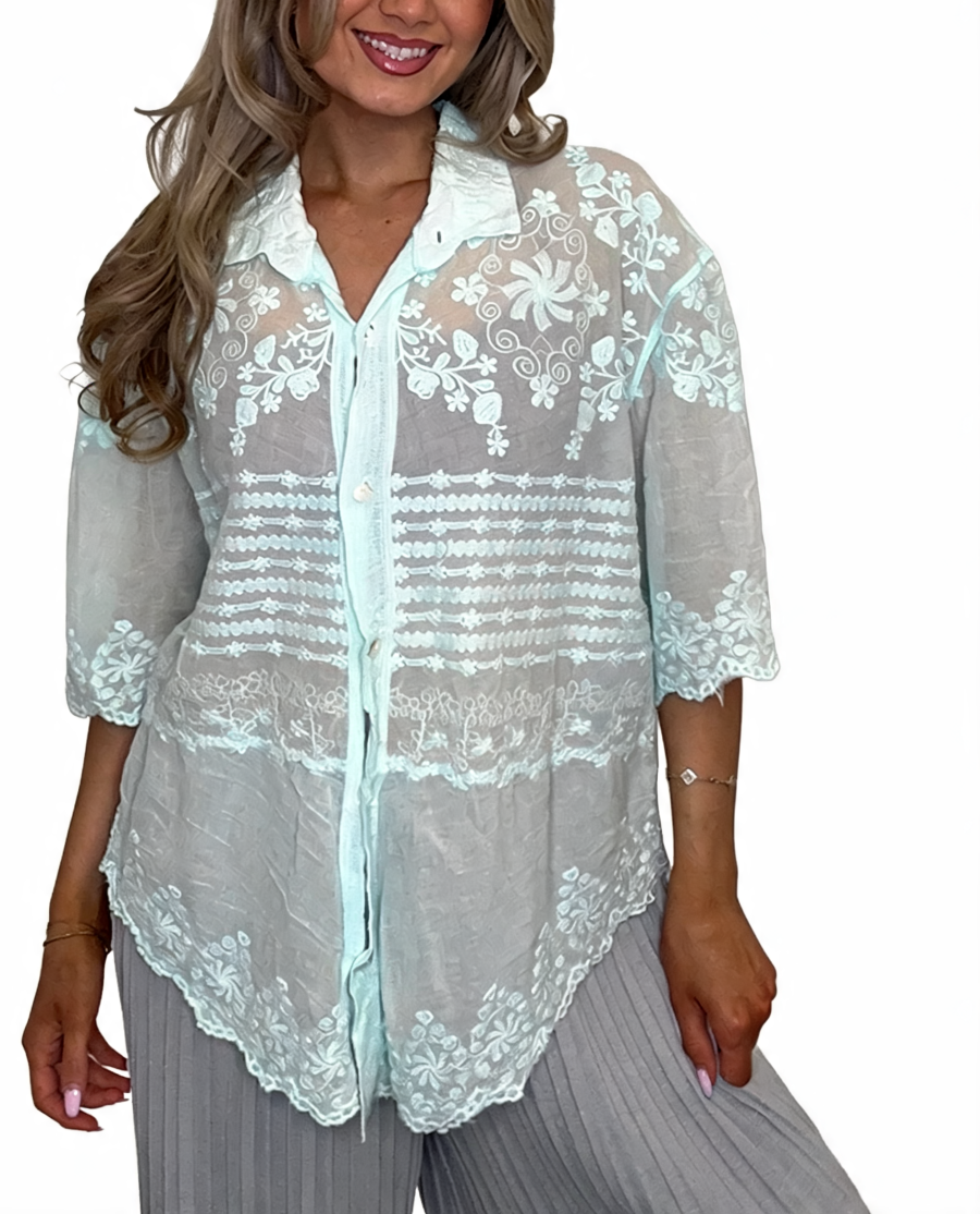 Mint sheer embroidered lace button-up top with pointed collar, front buttons, scalloped edges