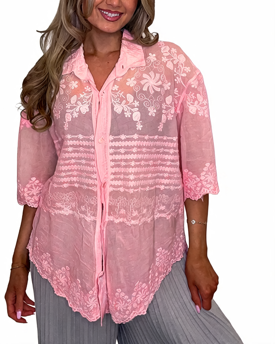 Pink sheer embroidered lace button-up top with pointed collar, front buttons, scalloped hem