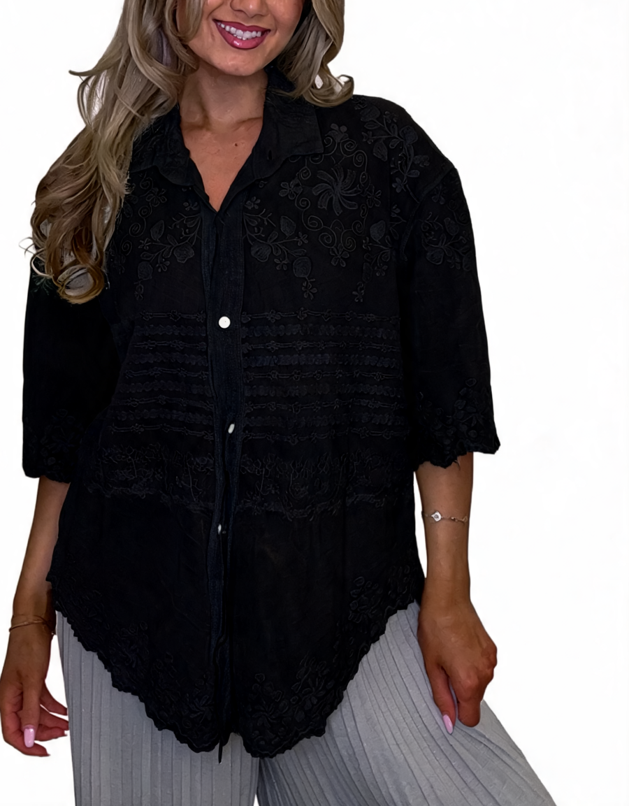 Black sheer embroidered lace button-up top with pointed collar, front buttons, scalloped hem
