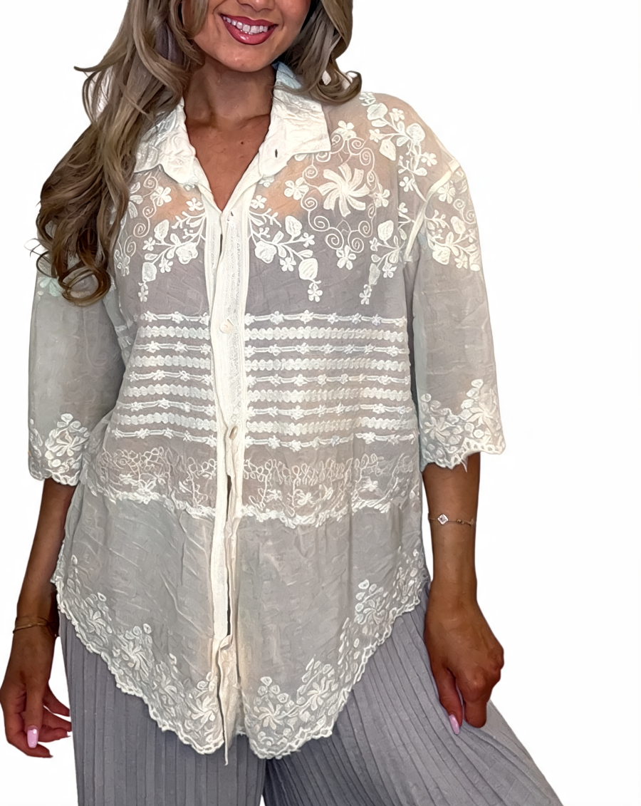 Off-white sheer embroidered lace button-up top with pointed collar, front buttons, scalloped hem