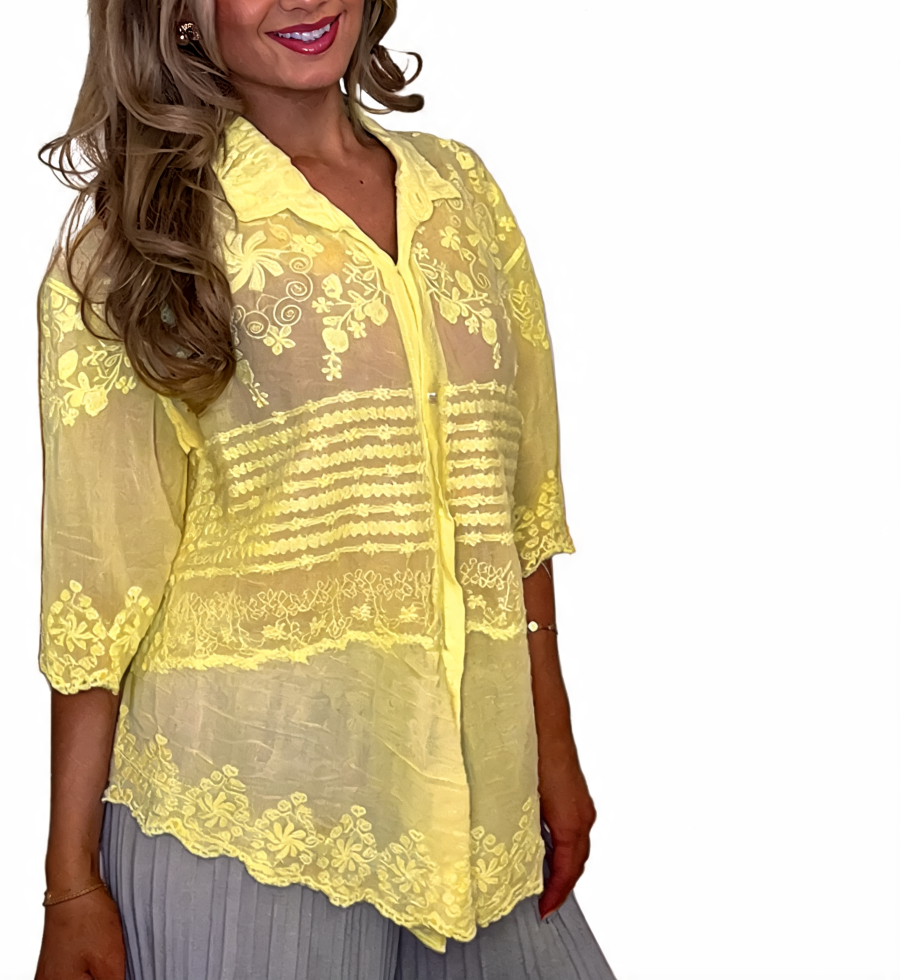 Lemon yellow sheer embroidered lace button-up top with pointed collar, front buttons, lace overlay