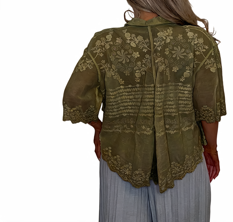 Sheer Embroidered Lace Button-Up Collared Top - Khaki