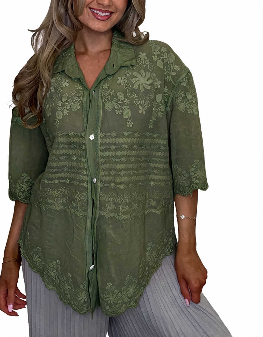 Green sheer embroidered lace button-up top with pointed collar, front buttons, scalloped hem