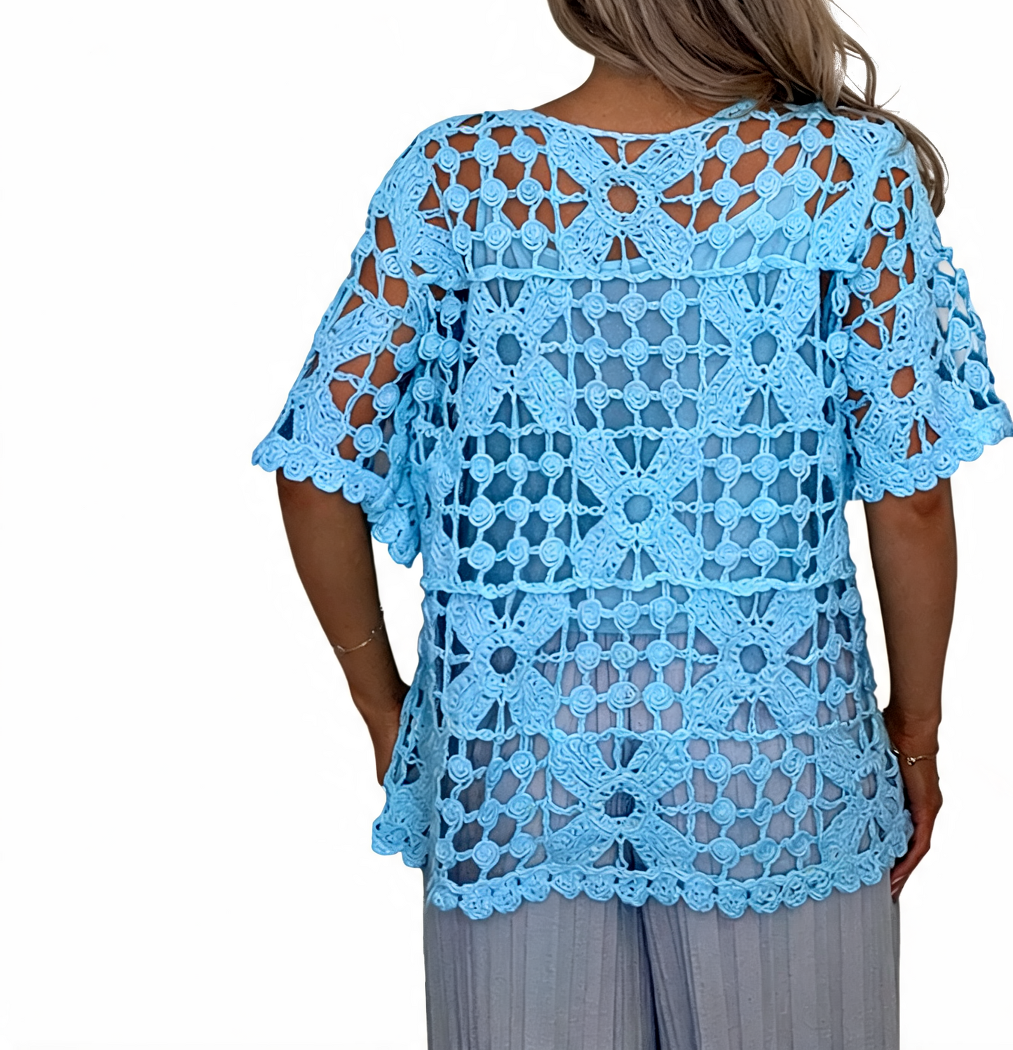 Back view crochet lace boho blouse in light blue, open-knit lattice texture