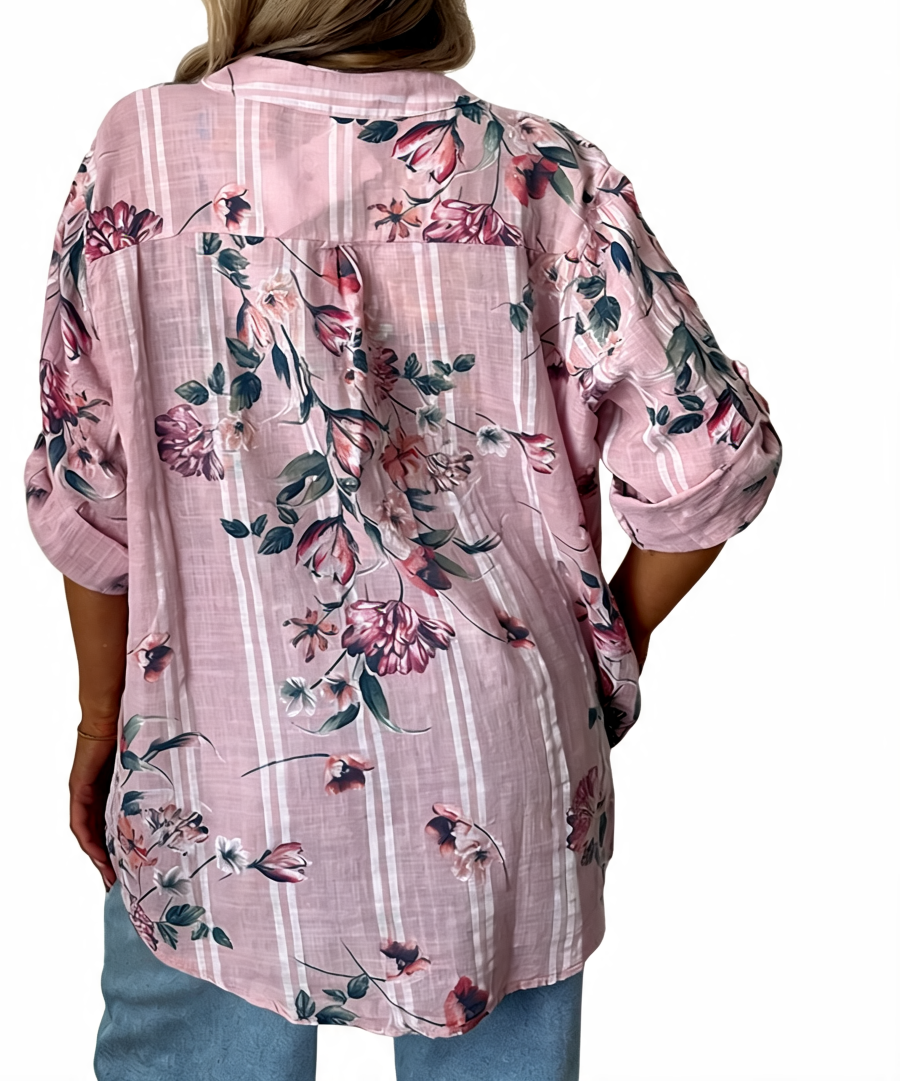 Floral Print Oversized Button-Up Tunic Top - Pink
