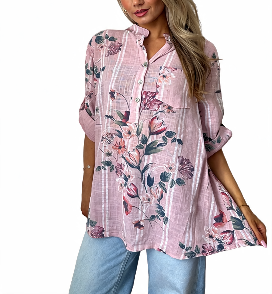 Floral Print Oversized Button-Up Tunic Top - Pink