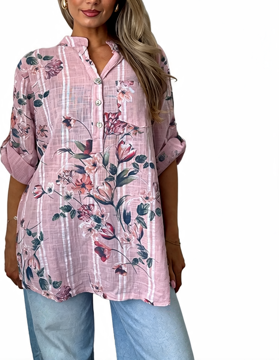 Floral button-up tunic top, pale pink with colorful floral and bird print, front buttons