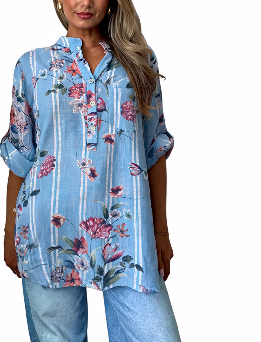 Floral button-up tunic top, sky blue with red/pink floral and bird print, front buttons
