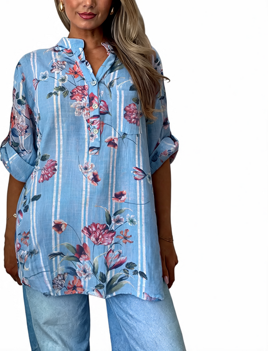 Floral Print Oversized Button-Up Tunic Top - Sky Blue