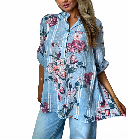Floral Print Oversized Button-Up Tunic Top - Sky Blue
