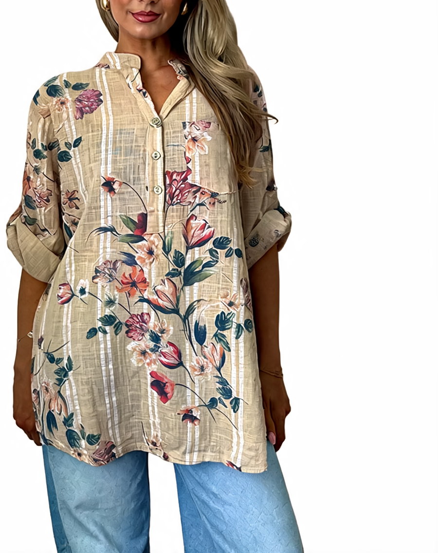 Floral button-up tunic top, beige with multicolor bird and floral print, front buttons