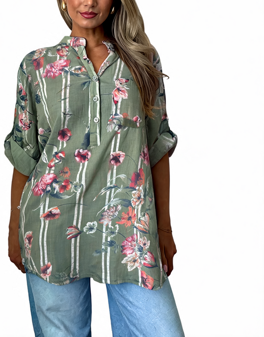 Floral Print Oversized Button-Up Tunic Top