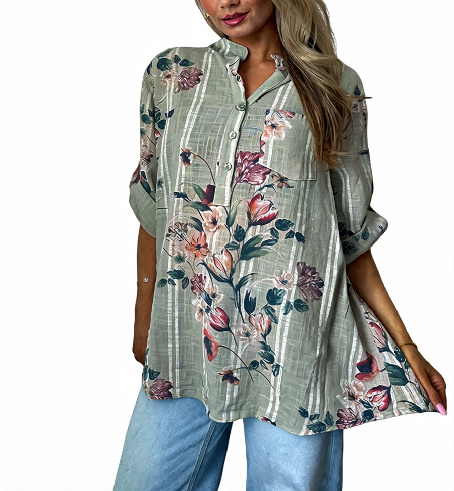 Floral Print Oversized Button-Up Tunic Top - Khaki