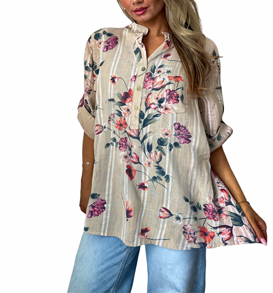 Floral Print Oversized Button-Up Tunic Top - Beige