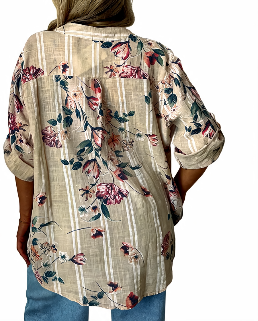 Floral Print Oversized Button-Up Tunic Top - Beige