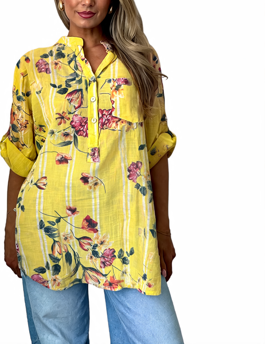 Floral button-up tunic top, bright yellow with colorful bird and flower print, front buttons