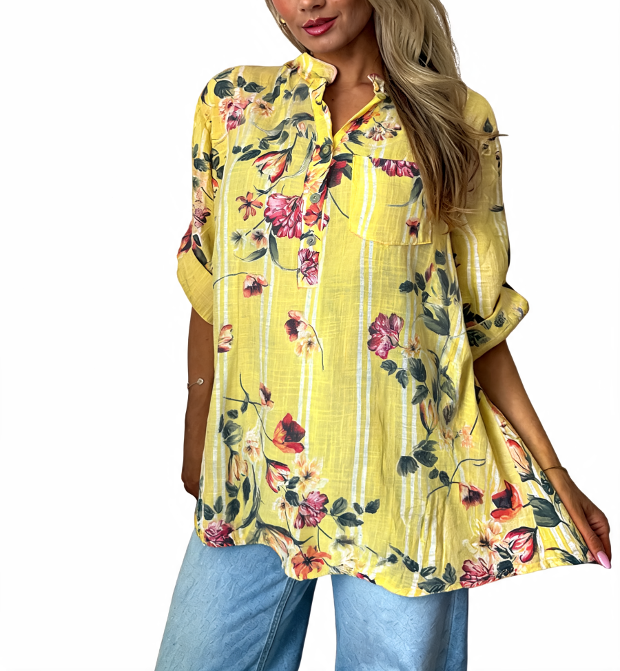Floral Print Oversized Button-Up Tunic Top - Lemon